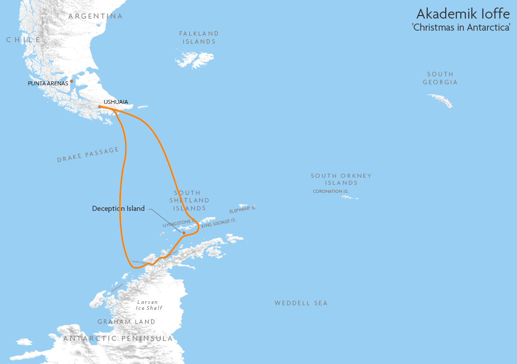 Itinerary map for Akademik Ioffe 'Christmas in Antarctica' cruise