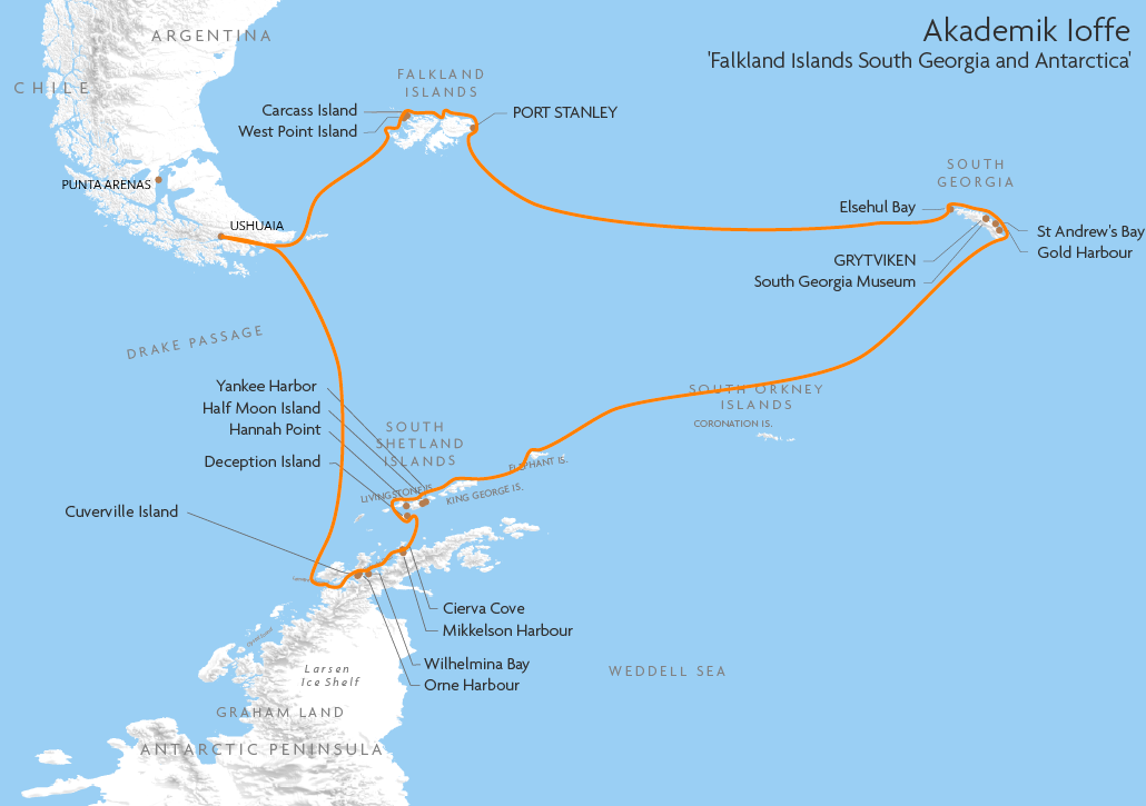 Itinerary map for Akademik Ioffe 'Falkland Islands South Georgia and Antarctica 17/18ns' cruise