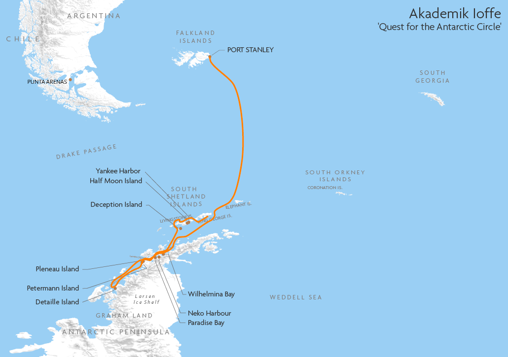 Itinerary map for Akademik Ioffe 'Quest for the Antarctic Circle' cruise