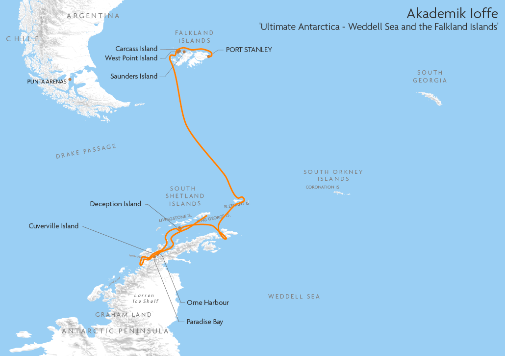 Itinerary map for Akademik Ioffe Ultimate Antarctica - Weddell Sea and the Falkland Islands cruise