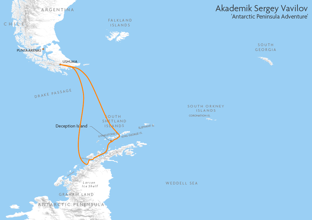 Itinerary map for Akademik Sergey Vavilov 'Antarctic Peninsula Adventure' cruise