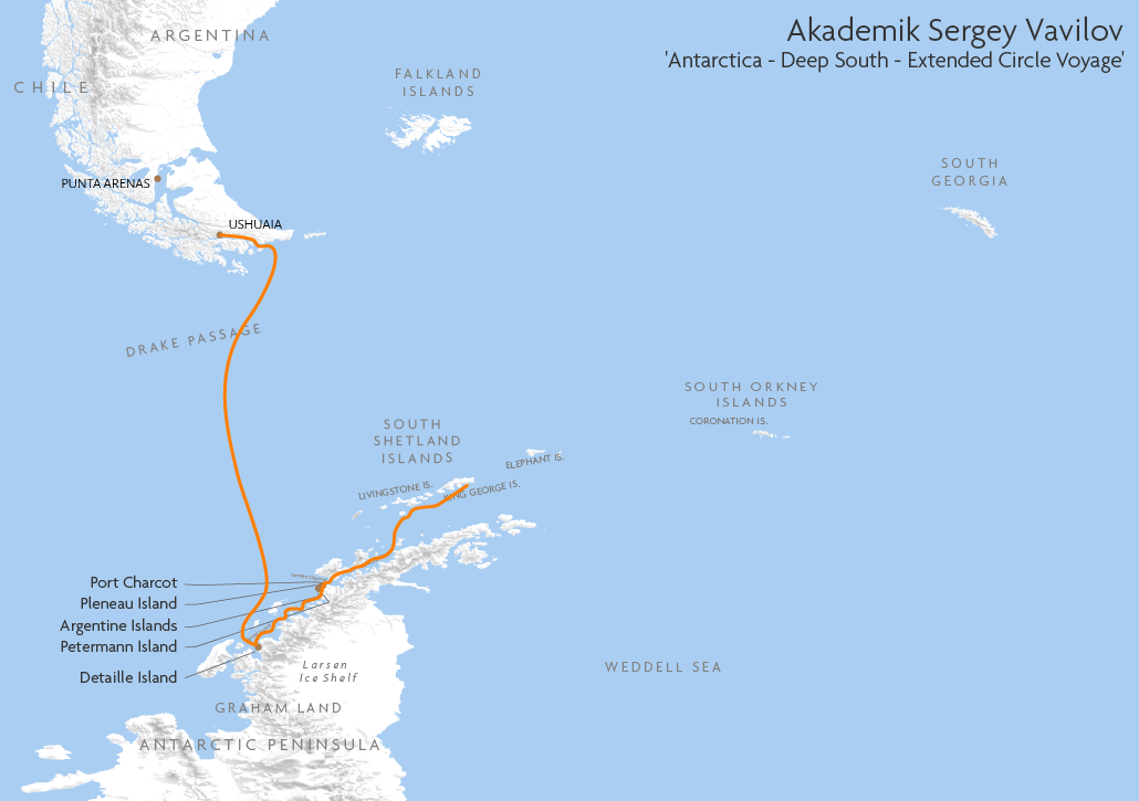 Itinerary map for Akademik Sergey Vavilov 'Antarctica - Deep South - Extended Circle Voyage' cruise