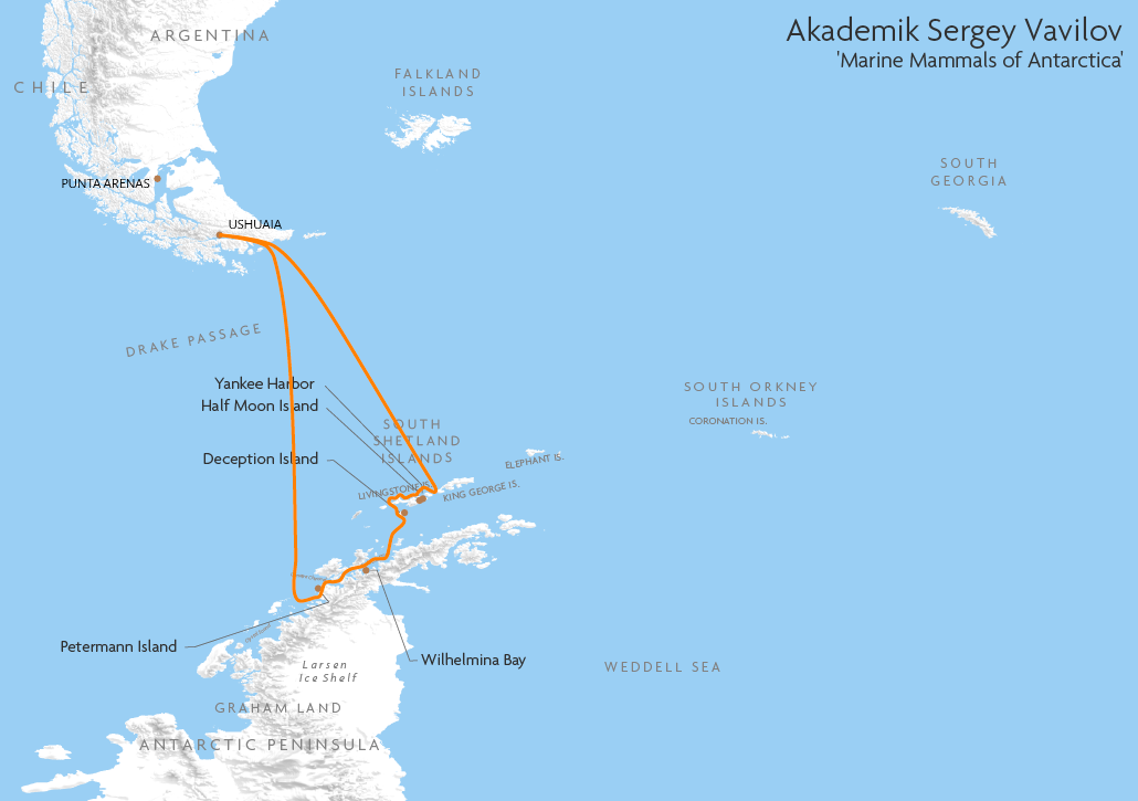 Itinerary map for Akademik Sergey Vavilov 'Marine Mammals of Antarctica' cruise