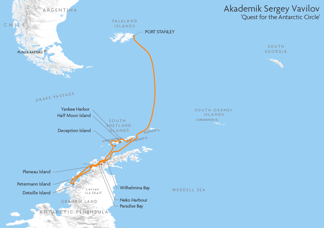 Itinerary map for Akademik Sergey Vavilov 'Quest for the Antarctic Circle' cruise