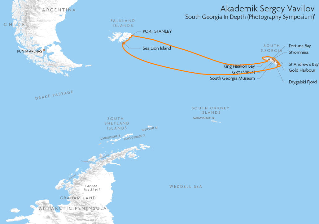 Itinerary map for Akademik Sergey Vavilov 'South Georgia In Depth' cruise