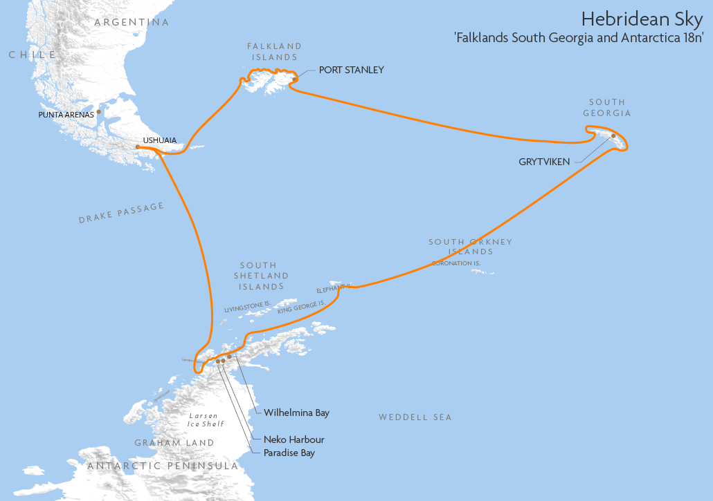 Itinerary map for Hebridean Sky 'Falklands South Georgia and Antarctica 18n' cruise