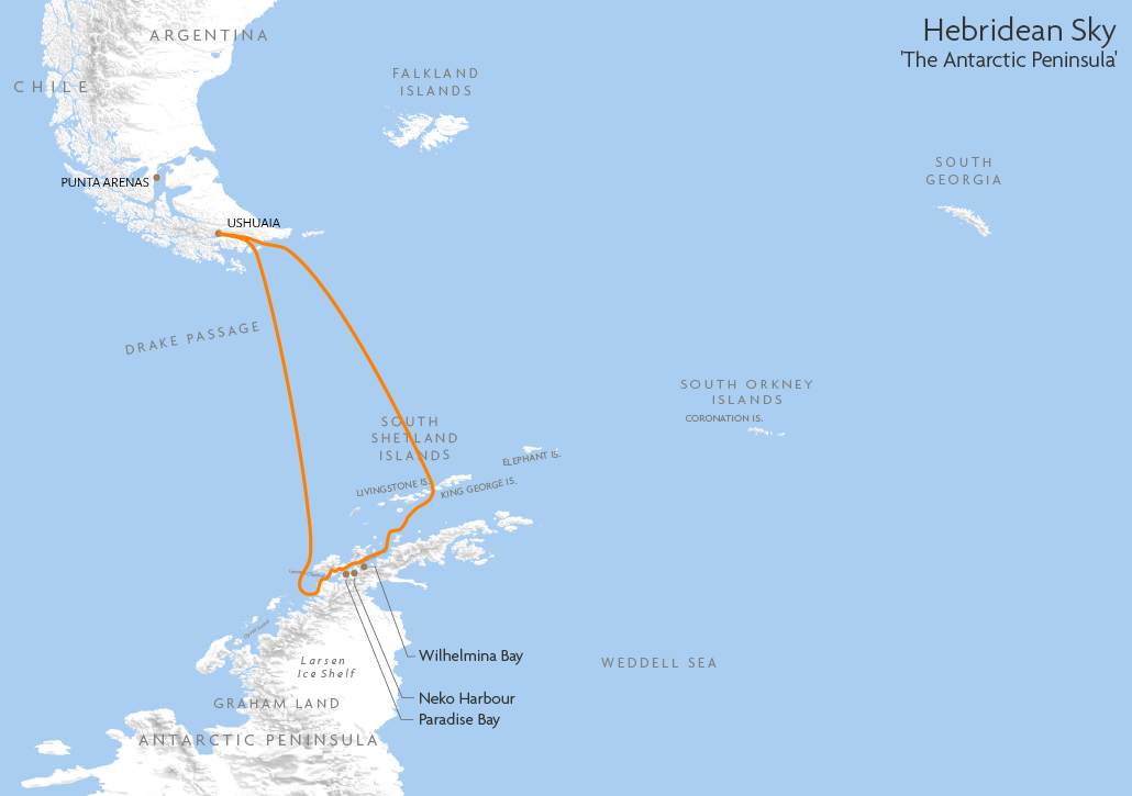 Itinerary map for Hebridean Sky 'The Antarctic Peninsula' cruise