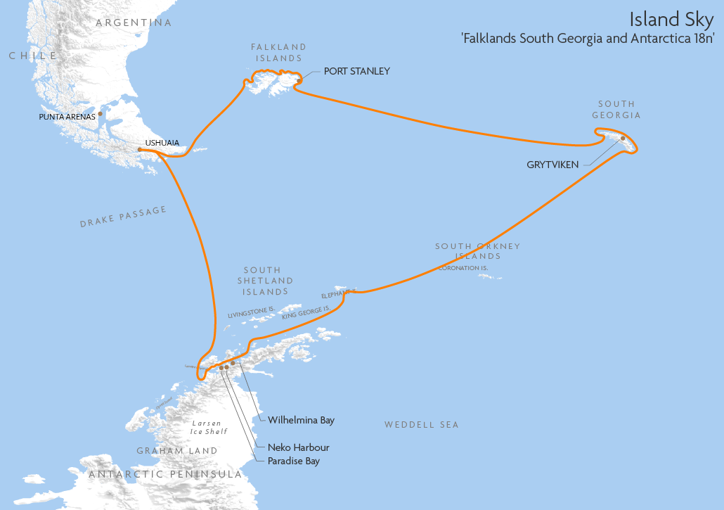 Itinerary map for Island Sky 'Falklands South Georgia and Antarctica 18n' cruise