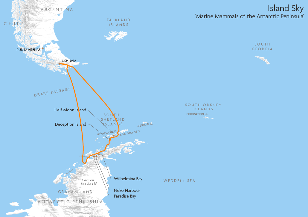 Itinerary map for Island Sky 'Marine Mammals of the Antarctic Peninsula' cruise