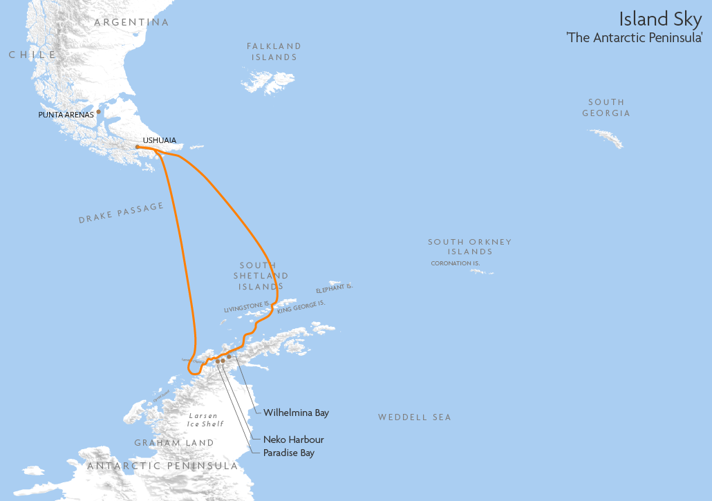 Itinerary map for Island Sky 'The Antarctic Peninsula' cruise