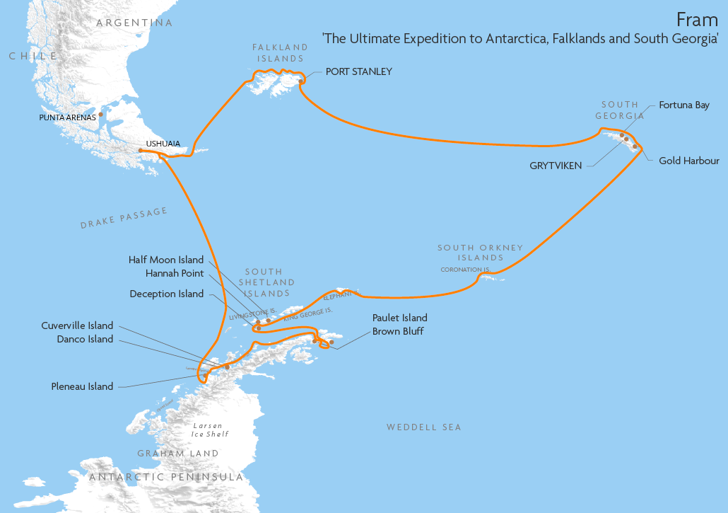 Itinerary map for Fram 'The Ultimate Expedition to Antarctica, Falklands and South Georgia' cruise