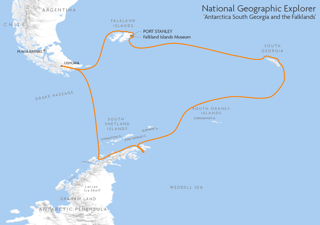 Itinerary map for National Geographic Explorer 'Antarctica South Georgia and the Falklands' cruise