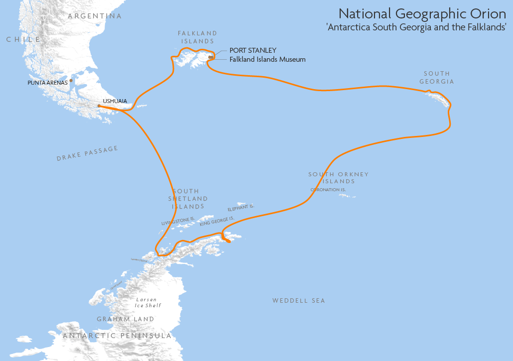 Itinerary map for National Geographic Orion 'Antarctica South Georgia and the Falklands' cruise