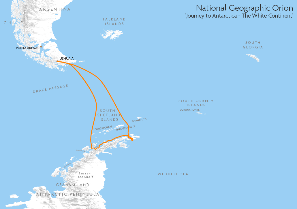 Itinerary map for National Geographic Orion 'Journey to Antarctica - The White Continent' cruise