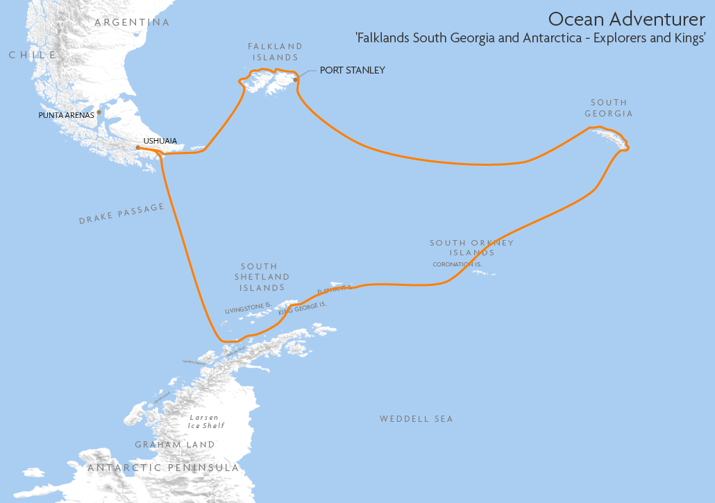 Itinerary map for Ocean Adventurer 'Falklands South Georgia and Antarctica - Explorers and Kings' cruise