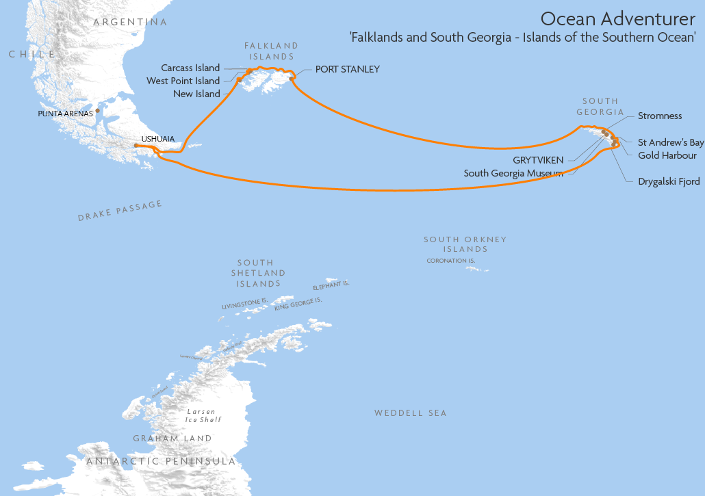 Itinerary map for Ocean Adventurer 'Falklands and South Georgia - Islands of the Southern Ocean' cruise