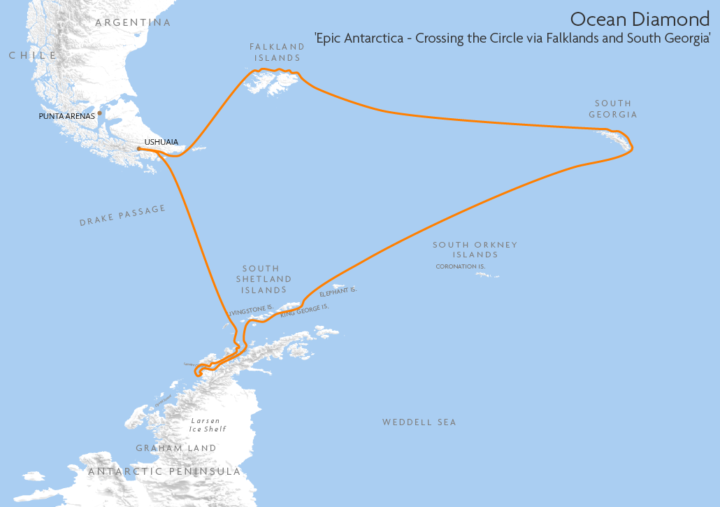 Itinerary map for Ocean Diamond 'Epic Antarctica - Crossing the Circle via Falklands and South Georgia' cruise