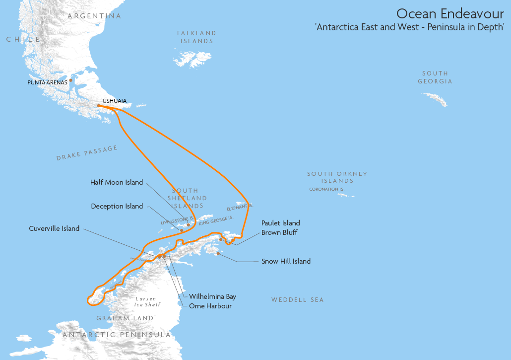 Itinerary map for Ocean Endeavour 'Antarctica East and West - Peninsula in Depth' cruise