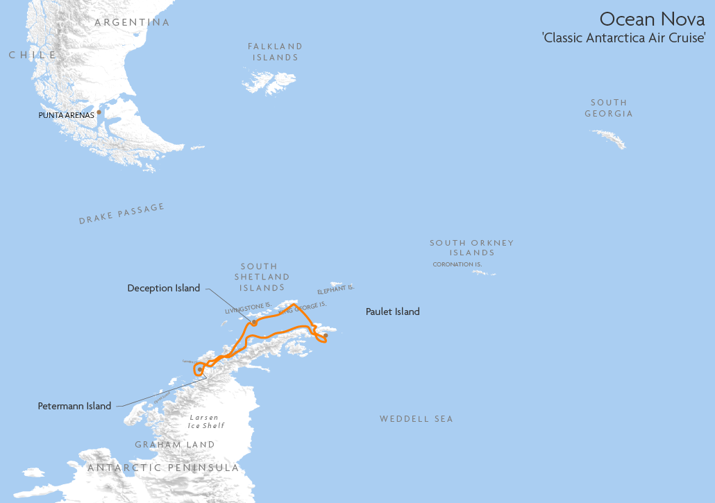 Itinerary map for Ocean Nova 'Classic Antarctica Air Cruise' cruise