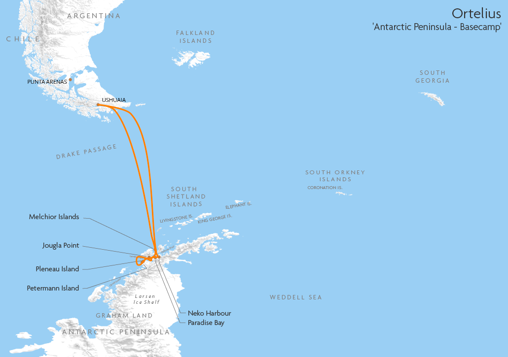 Itinerary map for Ortelius 'Antarctic Peninsula - Basecamp' cruise