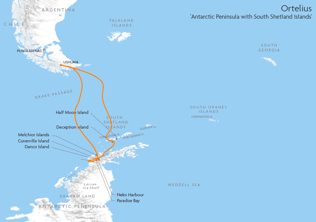 Itinerary map for Ortelius 'Antarctic Peninsula with South Shetland Islands' cruise