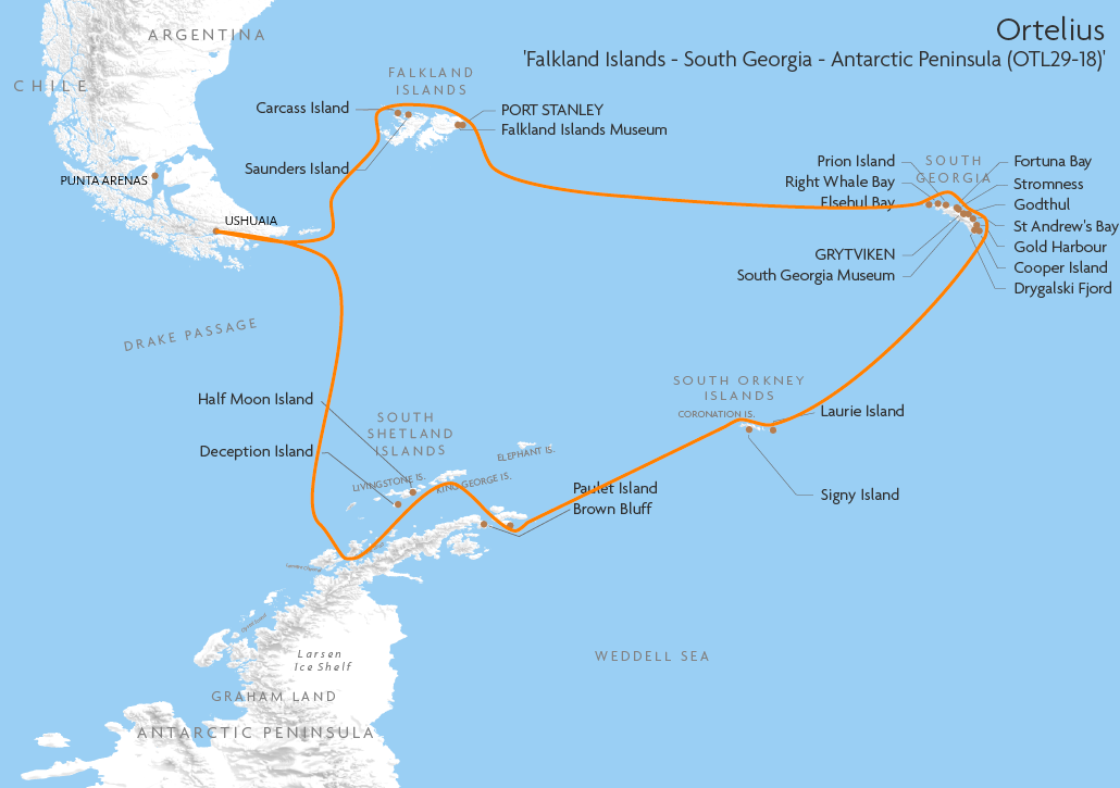 Itinerary map for Ortelius 'Falkland Islands - South Georgia - Antarctic Peninsula (OTL29-18)' cruise
