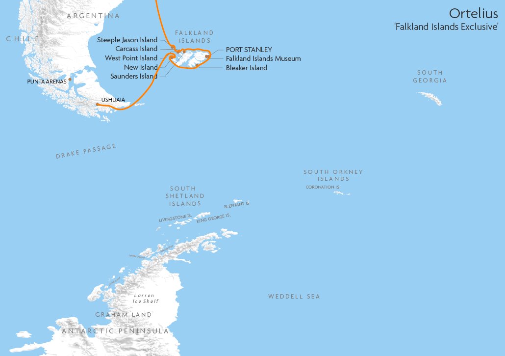 Itinerary map for Ortelius 'Falkland Islands Exclusive' cruise