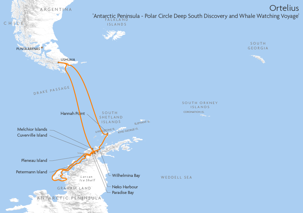 Itinerary map for Ortelius 'Antarctic Peninsula - Polar Circle Deep South Discovery and Whale Watching Voyage' cruise