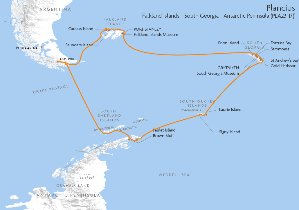 Itinerary map for Plancius 'Falkland Islands - South Georgia - Antarctic Peninsula (PLA23-17)' cruise