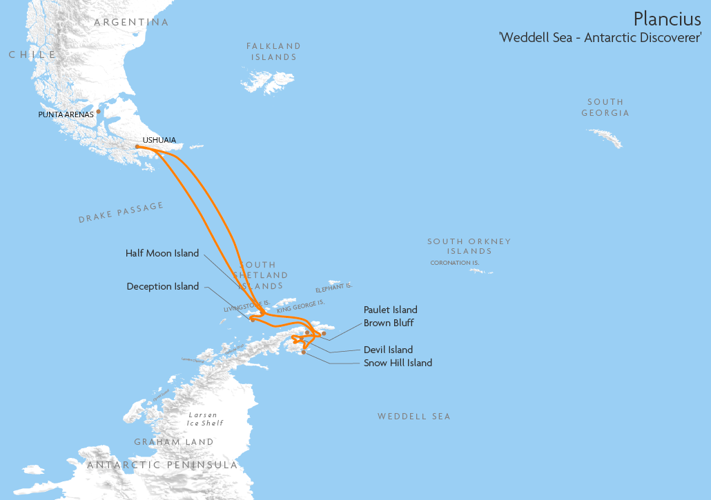 Itinerary map for Plancius 'Weddell Sea - Antarctic Discoverer' cruise