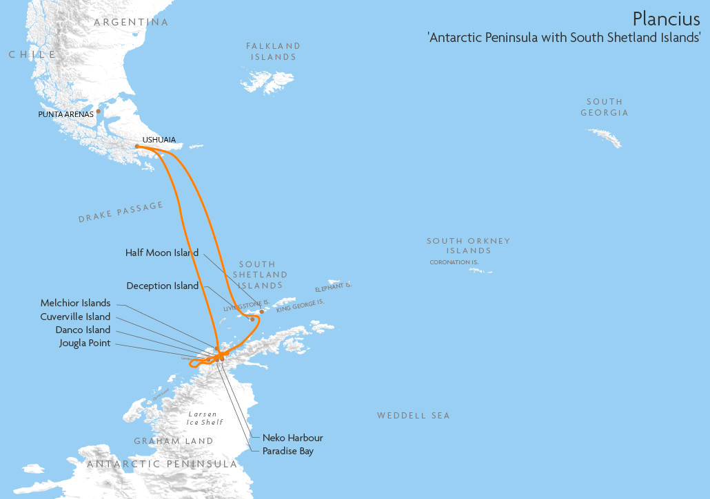 Itinerary map for Plancius 'Antarctic Peninsula with South Shetland Islands' cruise
