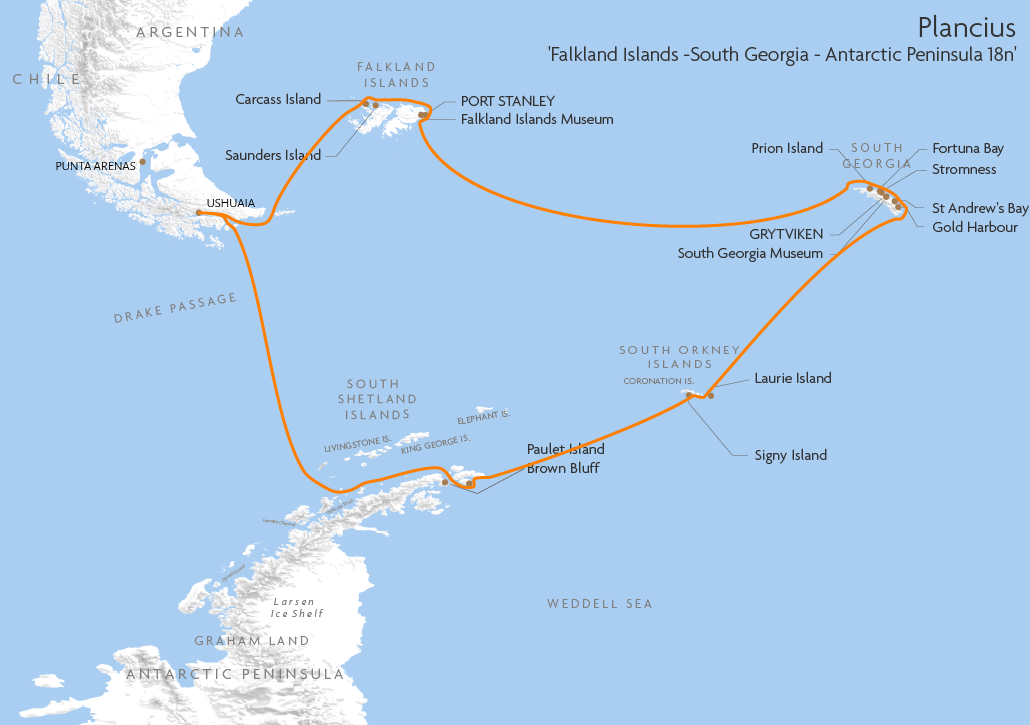 Itinerary map for Plancius 'Falkland Islands -South Georgia - Antarctic Peninsula 18n' cruise
