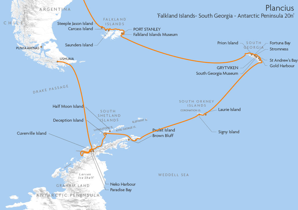 Itinerary map for Plancius 'Falkland Islands- South Georgia - Antarctic Peninsula 20n' cruise