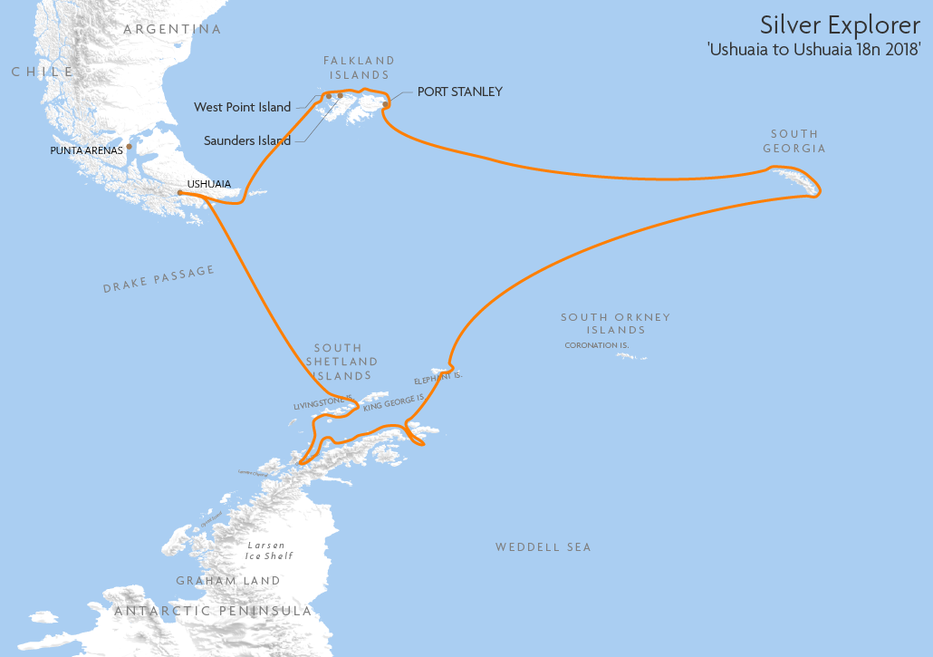 Itinerary map for Silver Explorer 'Ushuaia to Ushuaia 18n 2018' cruise
