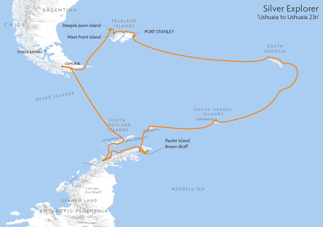 Itinerary map for Silver Explorer 'Ushuaia to Ushuaia 23n' cruise