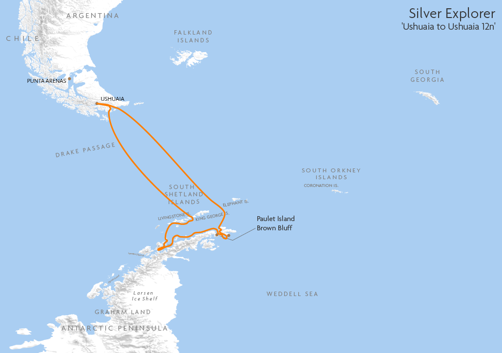 Itinerary map for Silver Explorer 'Ushuaia to Ushuaia 12n' cruise