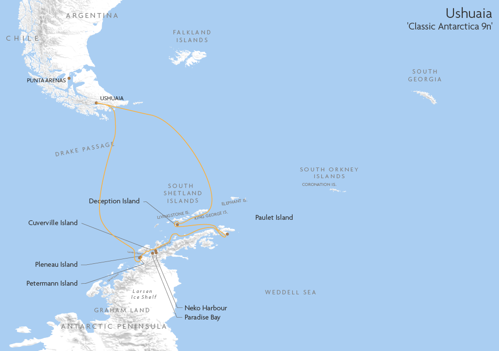 Itinerary map for Ushuaia 'Classic Antarctica 9n' cruise