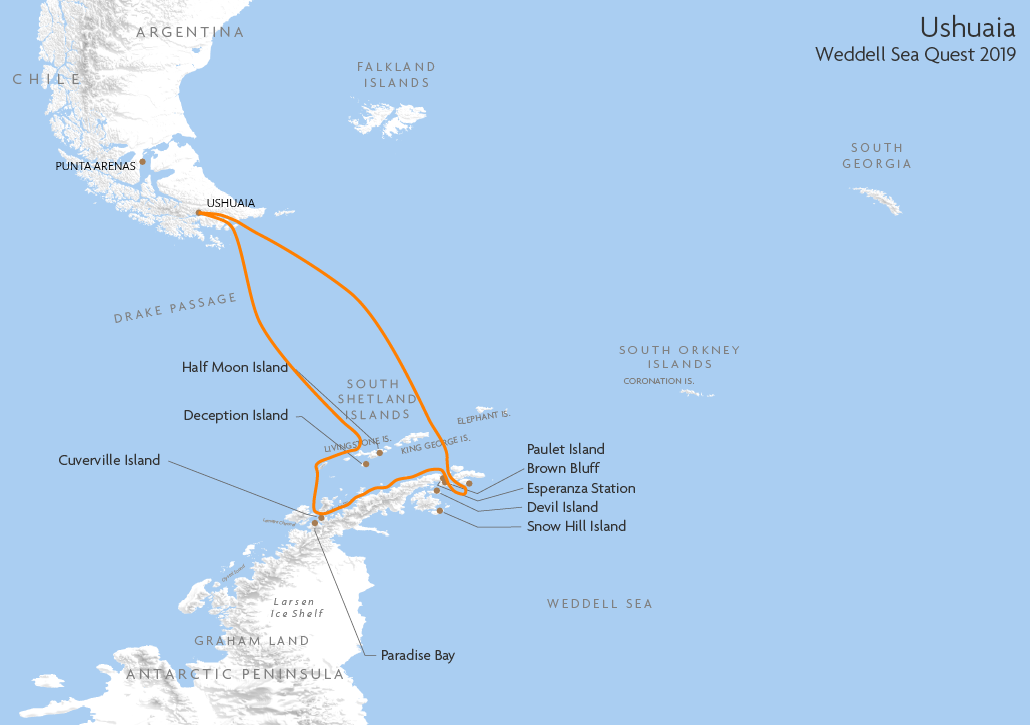 Itinerary map for Ushuaia Weddell Sea Quest 2019 cruise