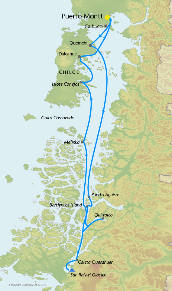 Itinerary map for Skorpios II 'Chonos Route' cruise
