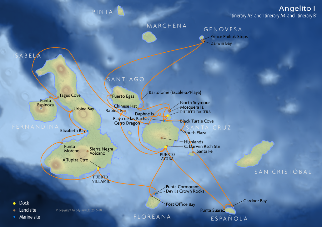 Itinerary map for Angelito I 'Itinerary A5' and 'Itinerary A4' and 'Itinerary B' Galapagos cruise
