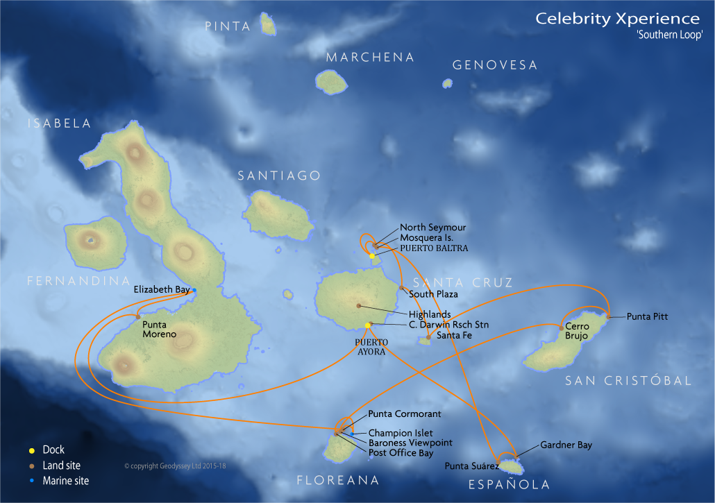 Itinerary map for Celebrity Xperience 'Southern Loop' cruise