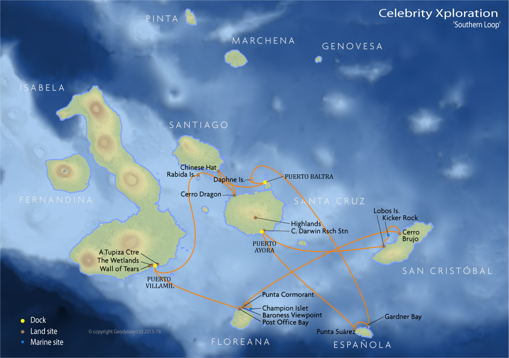 Itinerary map for Celebrity Xploration 'Southern Loop' cruise