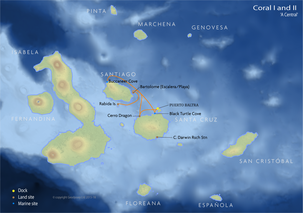 Itinerary map for Coral I and II 'A Central' cruise