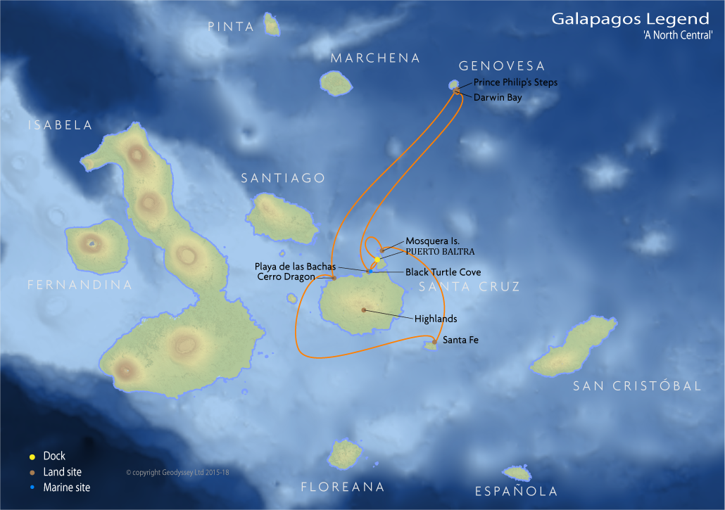Itinerary map for Galapagos Legend 'A North Central' cruise