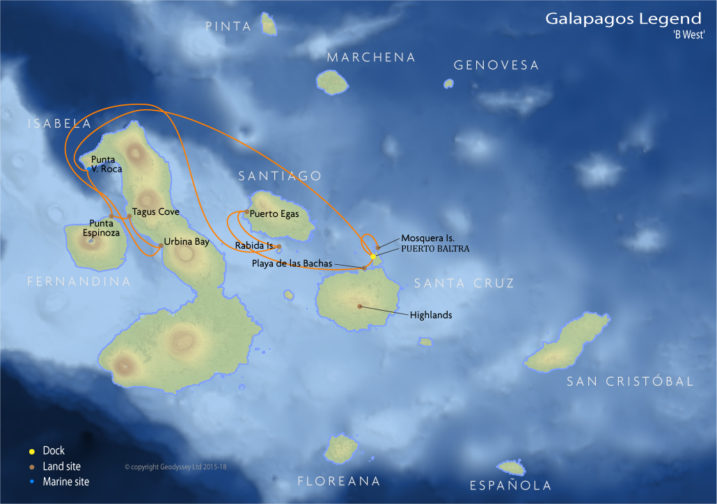 Itinerary map for Galapagos Legend 'B West' cruise