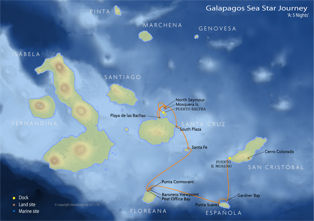 Itinerary map for Galapagos Sea Star Journey 'A: 5 Nights' cruise