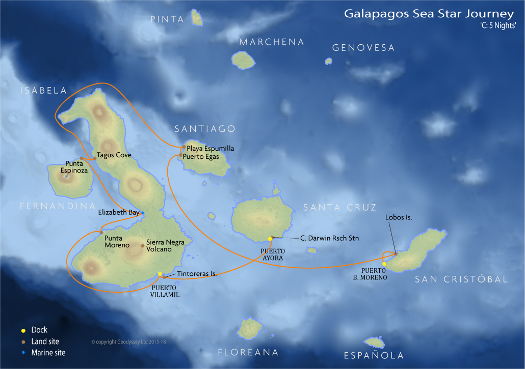 Itinerary map for Galapagos Sea Star Journey 'C: 5 Nights' cruise