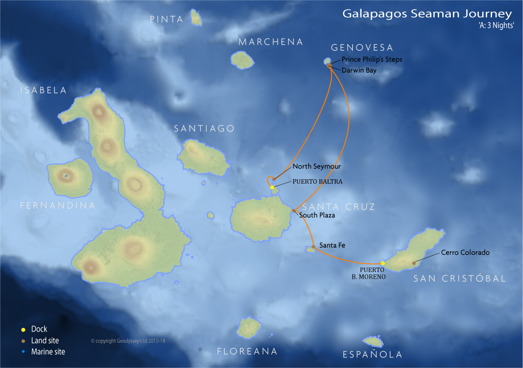 Itinerary map for Galapagos Seaman Journey 'A: 3 Nights' cruise