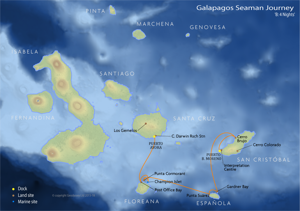 Itinerary map for Galapagos Seaman Journey 'B: 4 Nights' cruise