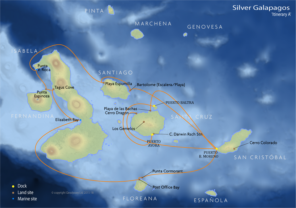 Itinerary map for Silver Galapagos 'Itinerary A' cruise